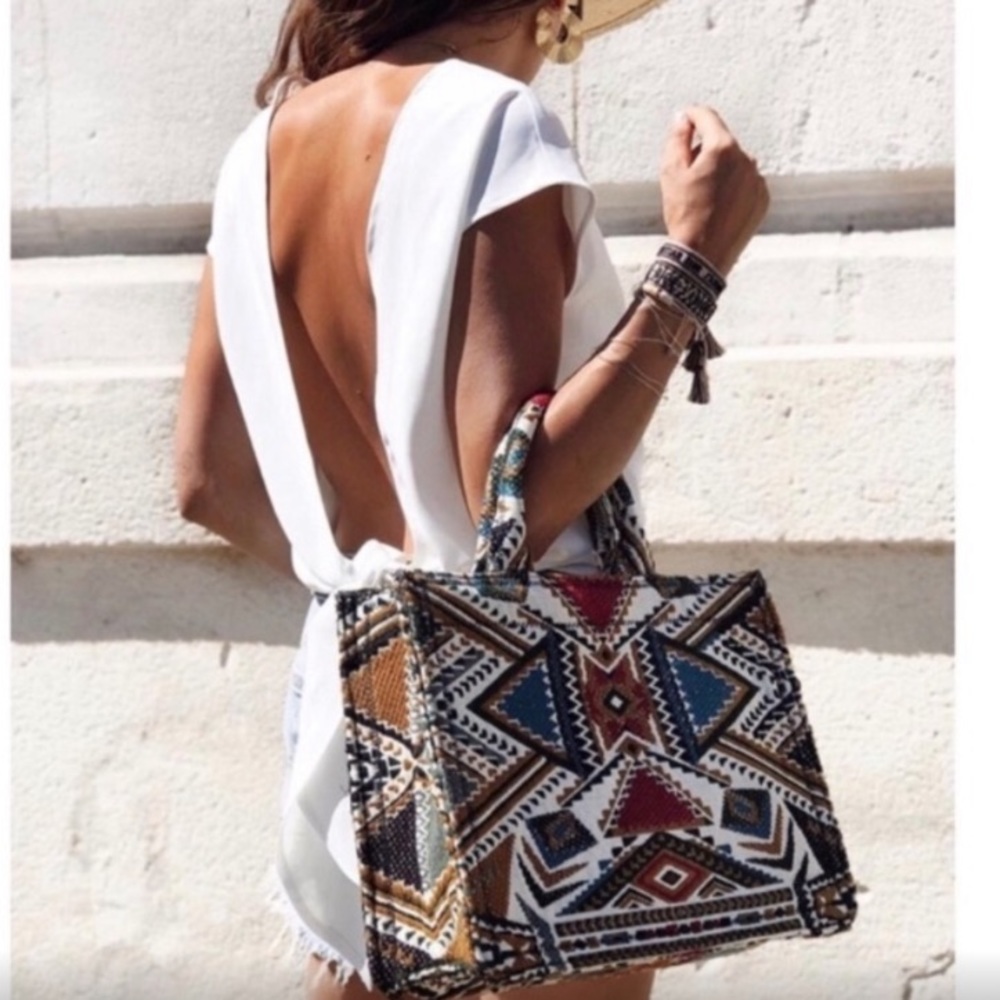 Zara Multicolor Geometric Beaded Tote — Blue, Brown, Red, Black, White